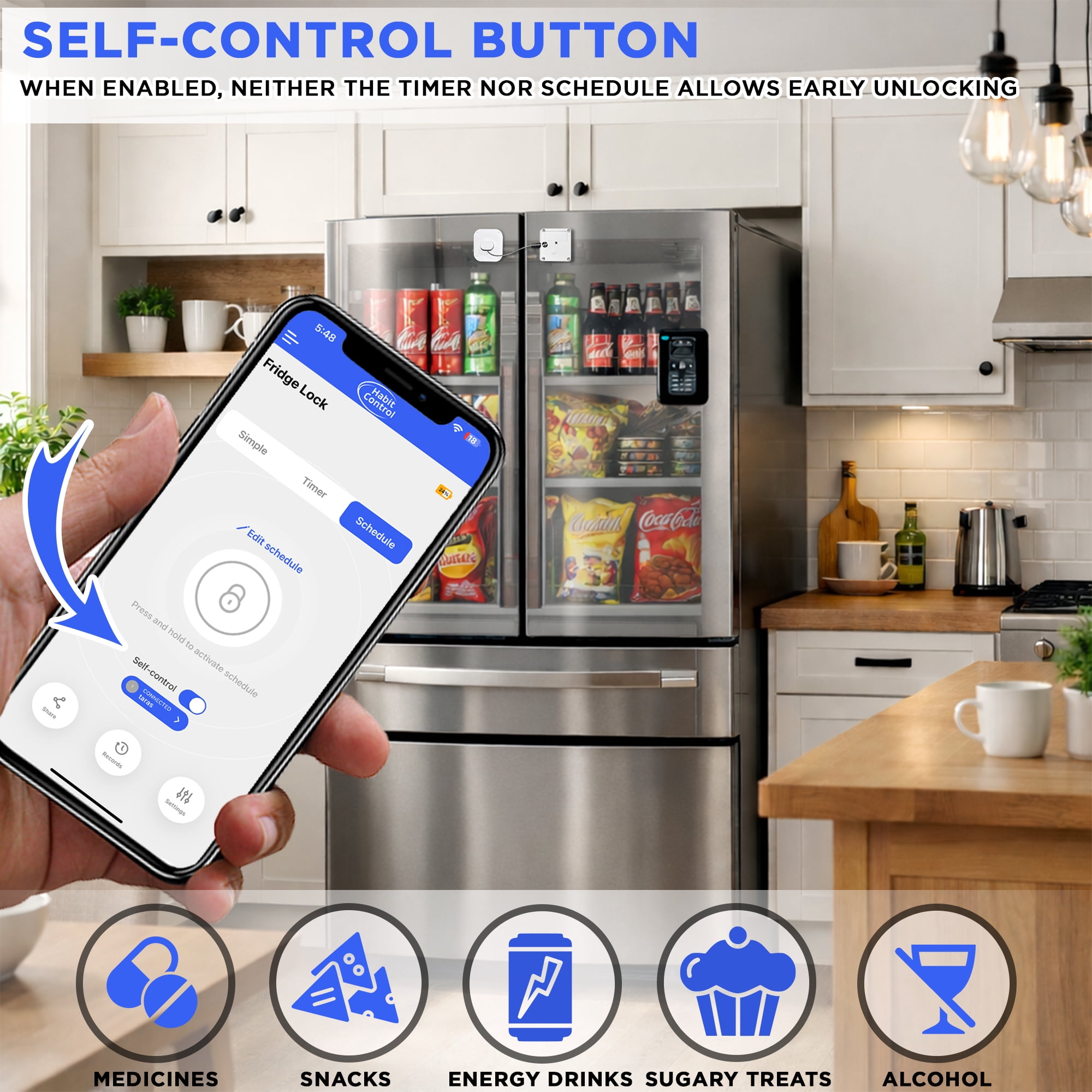 Habit Control Smart Lock - App-Controlled Access for Snacks, Food & Alcohol - 3-in-1 Modes: Timer, Schedule & Simple Lock - For Refrigerators, Cabinets, Drawers, Cupboards