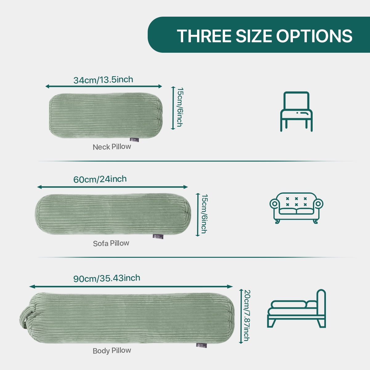 CHARRYARN by TexStead Cuddle Pillow  Bolster Pillow Corduroy Cylindrical Bed Pillow - Multifunctional Long Pillow- uitable for yoga,Lumbar and Neck Support Roll Pillow-Light green（6"x24")