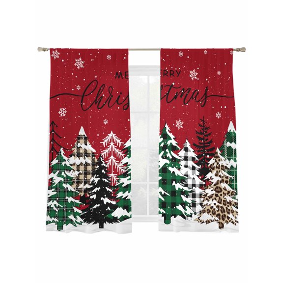 Merry Christmas Sheer Curtains 2 Panels Set, Green Plaid Leopard Xmas Tree Winter Red Window Sheer Curtains for Living Room/Bedroom, Light Filtering Rod Pocket Voile Drapes, 52" W x 72" L
