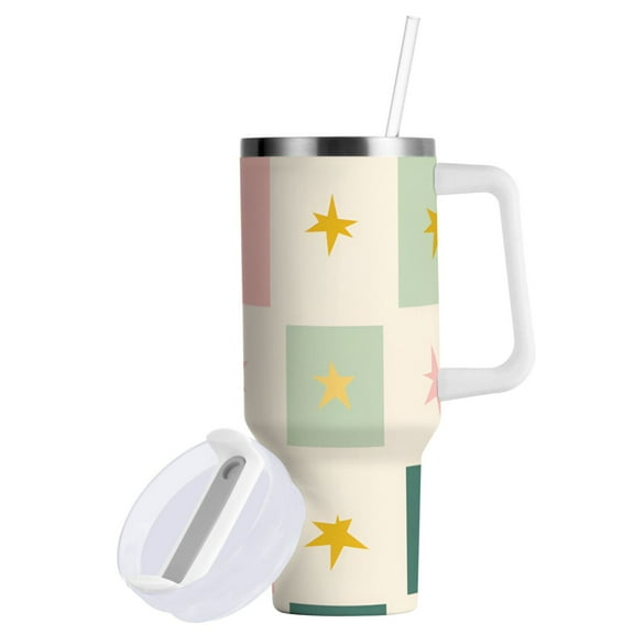 Yayeee 40oz Stainless Steel Tumbler with Straw and Handle Double-Wall Insulated Travel Water Bottle, Beige Abstract