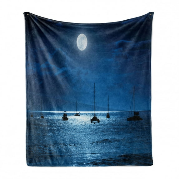 Ocean Soft Flannel Fleece Throw Blanket, Dramatic Photo of a Nighttime Sky Full Moon over a Calm Ocean Scene in Maui Hawaii, Cozy Plush for Indoor and Outdoor Use, 70" x 90", Navy White, by Ambesonne