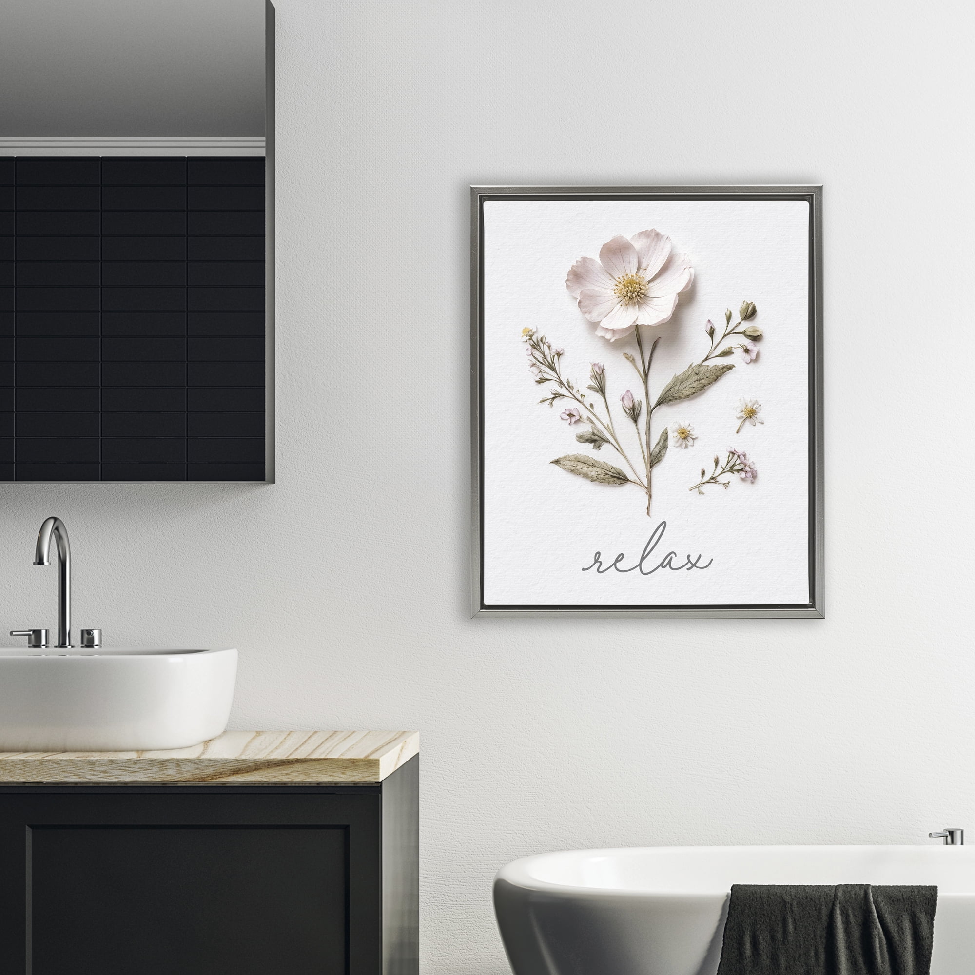 Pressed Flowers Relax Gray Framed Floater Canvas Wall Art, design by Lettered and Lined