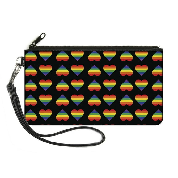 Buckle-Down Wallet, Zip Pouch, Rainbow Hearts Flip Black Multi Color, Canvas