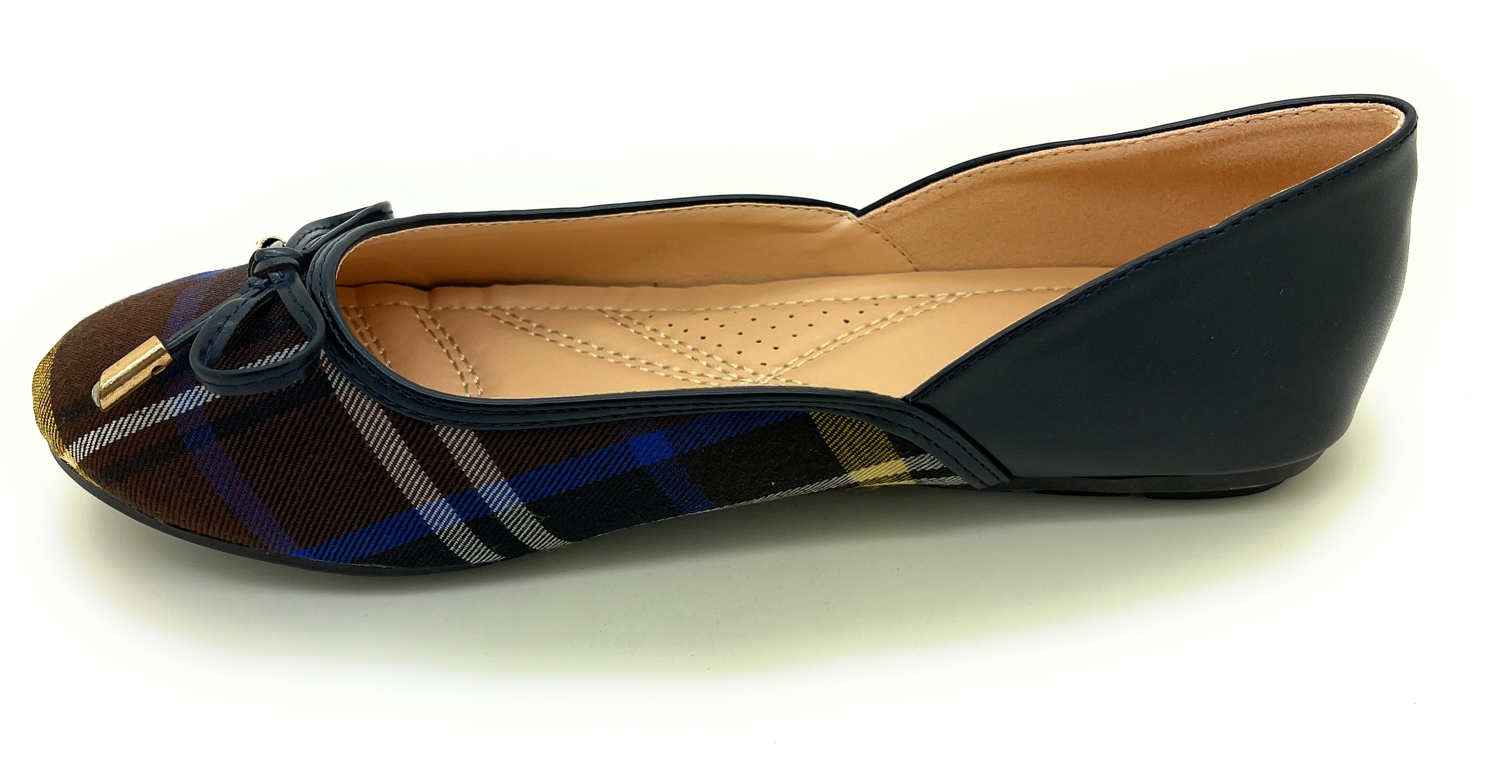 Two Tone Plaid with Solid Bow Ballerina Flats