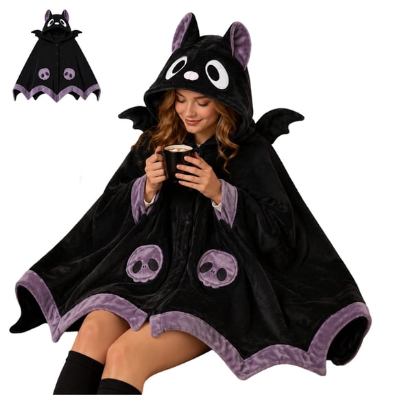 Cute Halloween Wearable Blanket Hoodie for Adults Bat Hooded 2026 Halloween Blanket Oversized Soft Sherpa Hoodie Women Throw Cloak Wrap with Demon Wings for Women Men