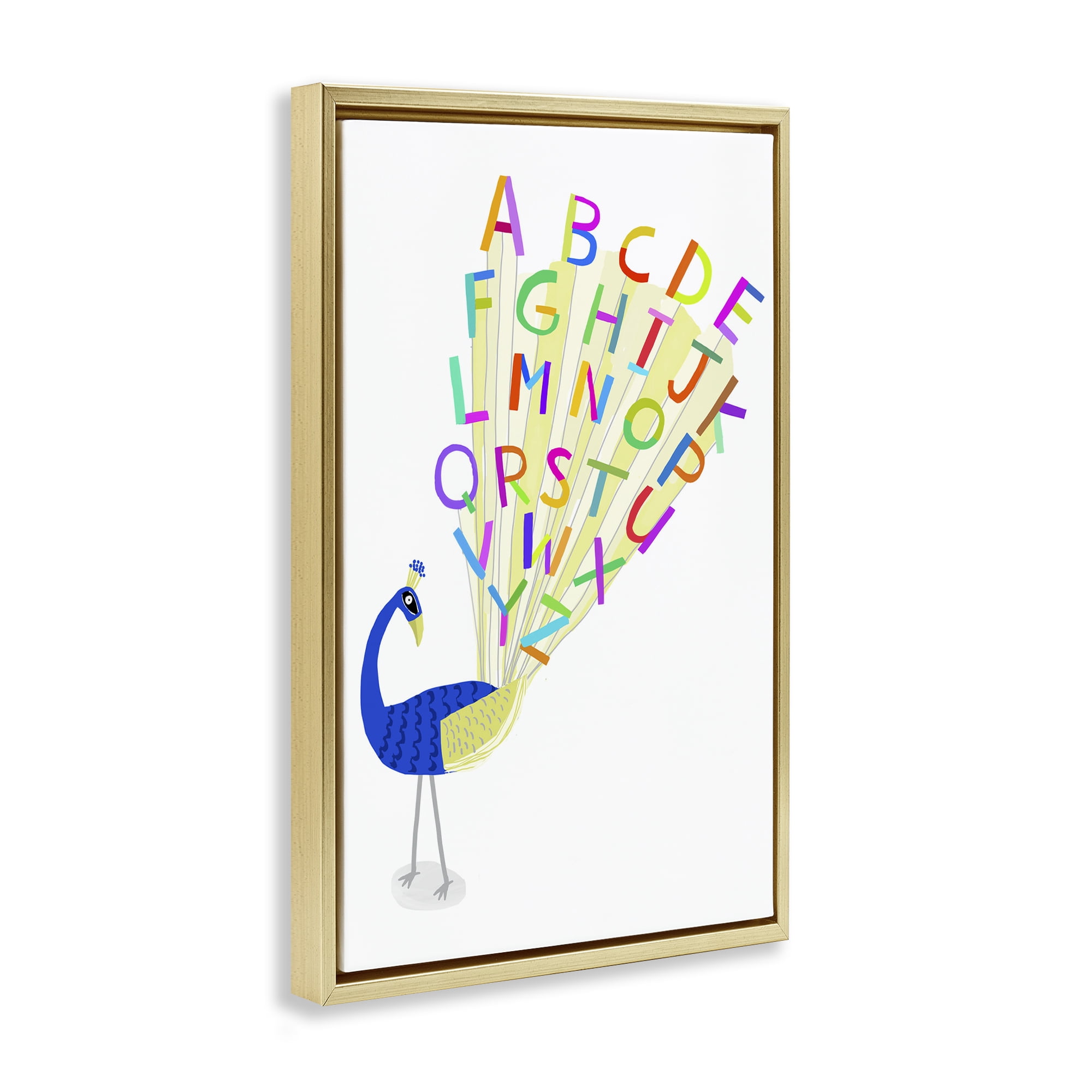 Stupell Industries Peacock Alphabet Feathers Animals & Insects Painting Gold Floater Framed Art Print Wall Art, 21 x 31