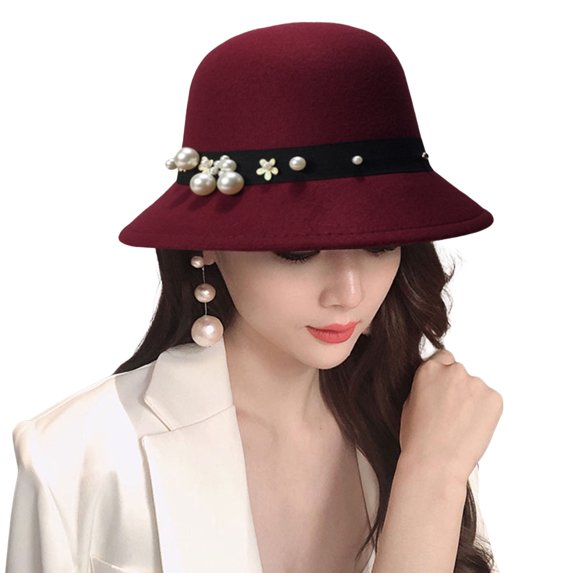 UDIYO Top Hat British Style Pearl Decor Down Brim Sunshading Round Top Decorate Retro Vintage Women Cloche Hat for Church