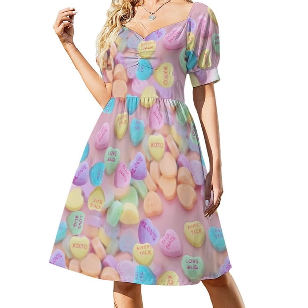 Vestido de mujer suelto de manga corta con corazones de caramelo de San Valentín, vestido de gala.