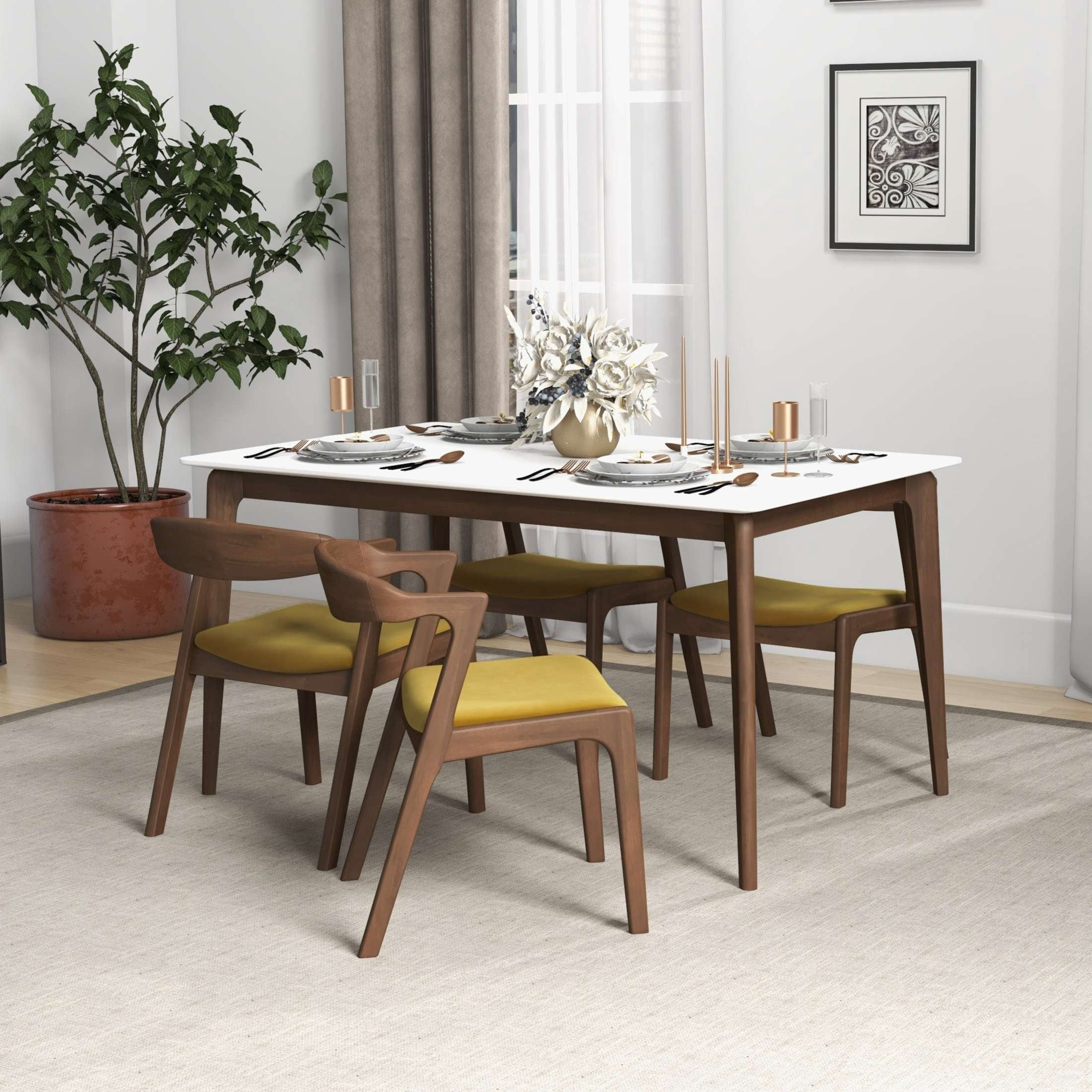 Noble House Nora Dakota Velvet Upholstered Dining Chair Set with Wood Frame, Set of 2, Dark Yellow and Dark Brown