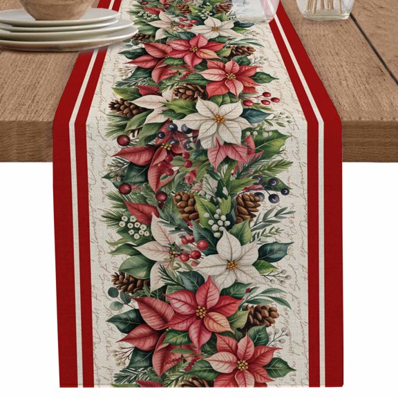 nqOlkjepod Christmas Poinsettia Table Runner 60 Inches Long Farmhouse Dress Scarves, Winter Xmas Berry Leaf on Linen Dining Tablerunner for Coffee Table/Kitchen Island/Party Décor, 13" x 60"