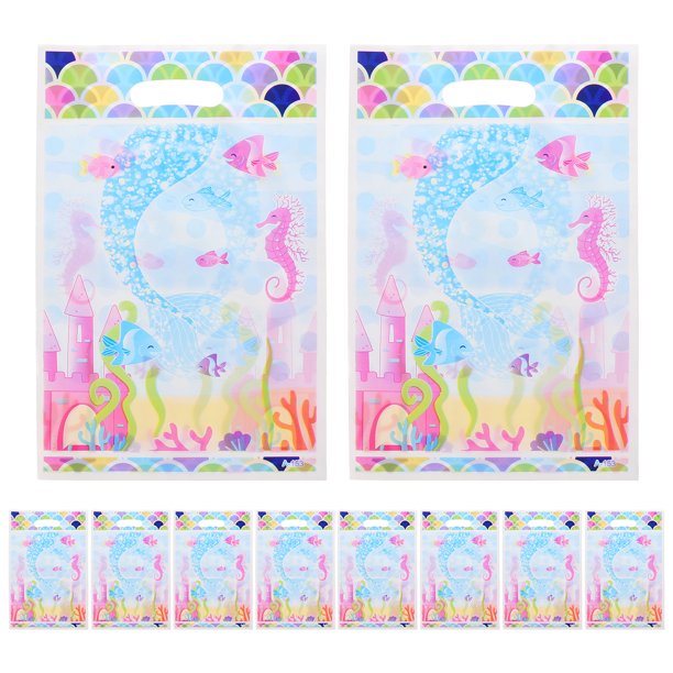 KAKOWELY 10 bolsas de regalo de plástico con diseño de dibujos animados para dulces, recuerdos de fiesta para bodas y cumpleaños (sirena)