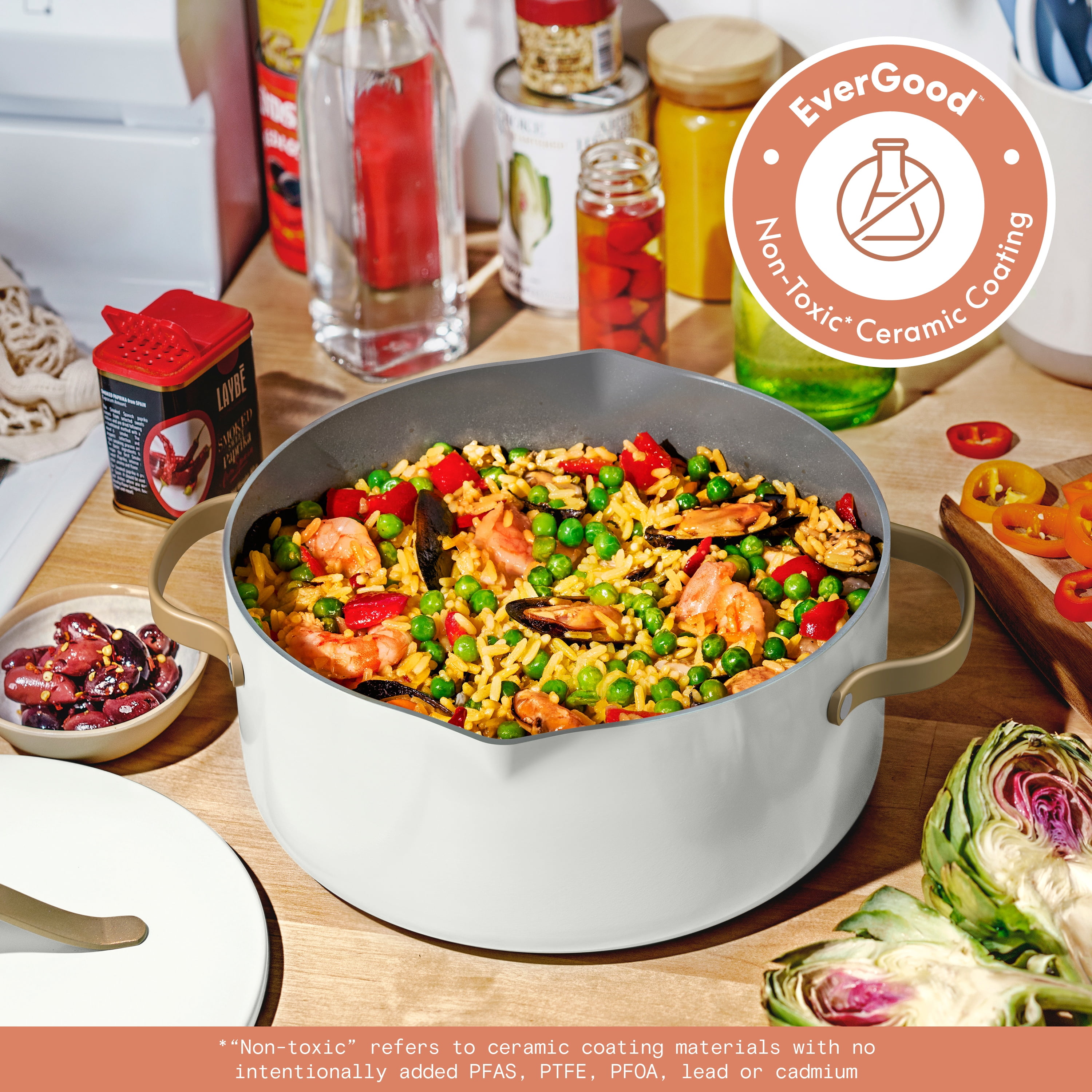 Beautiful 5 Quart Dutch Oven with Strainer Lid and EverGood Ceramic Nonstick Coating, White Icing by Drew Barrymore