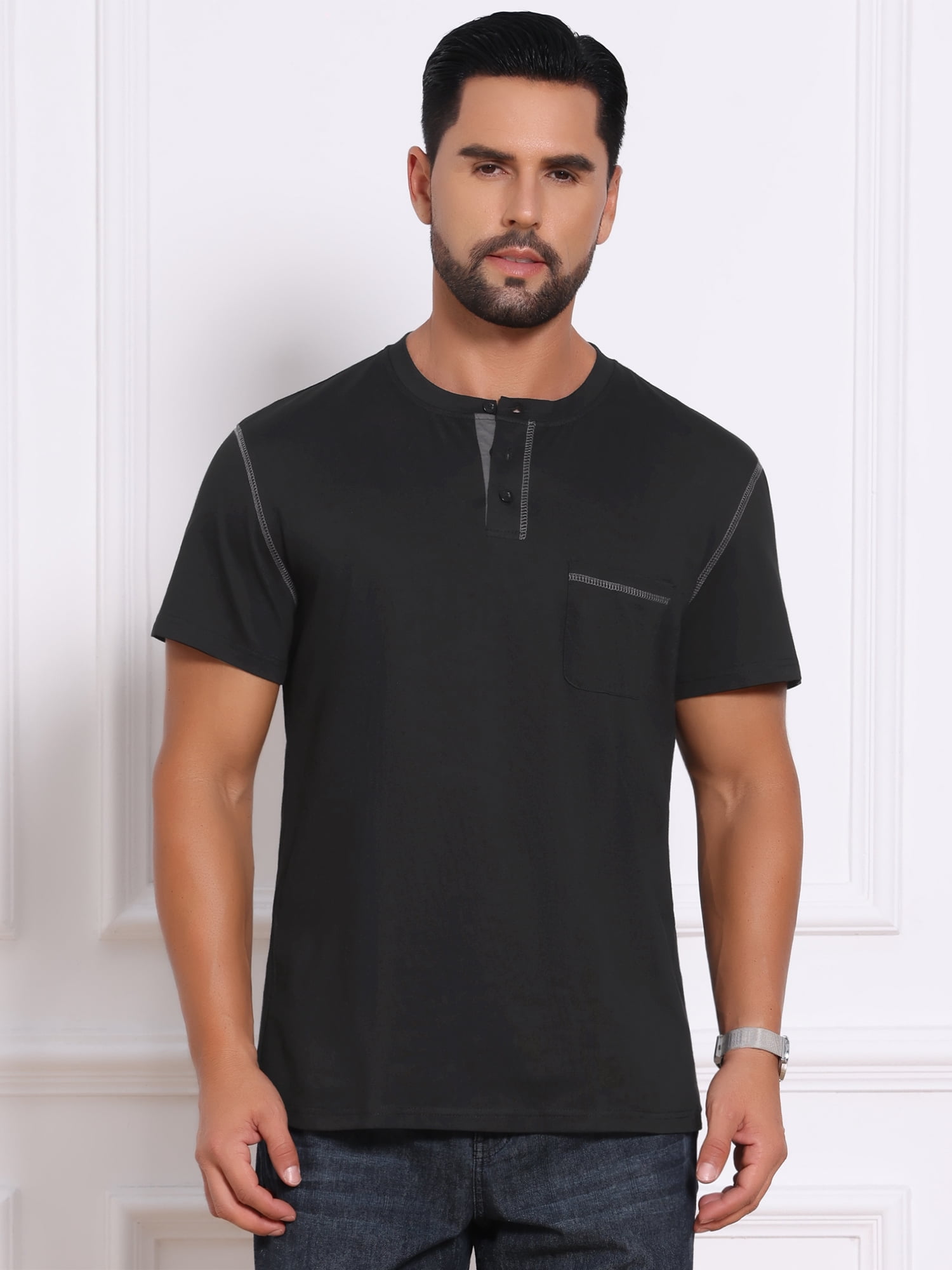 DARING DIVA Men's Henley Crew Neck Short Sleeve Button Down T-Shirt M Black