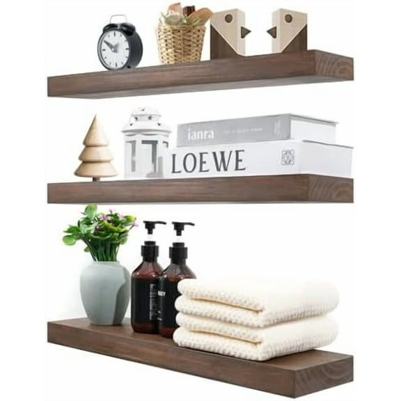 Wood Floating Shelves for Wall Set of 3, 22 Inch Rustic Walnut Floating Shelves Wall Mount, Solid Wooden Bathroom Floating Shelves for Kitchen, Bedroom, Living Room$$Home Decor, Kitchen, & Other