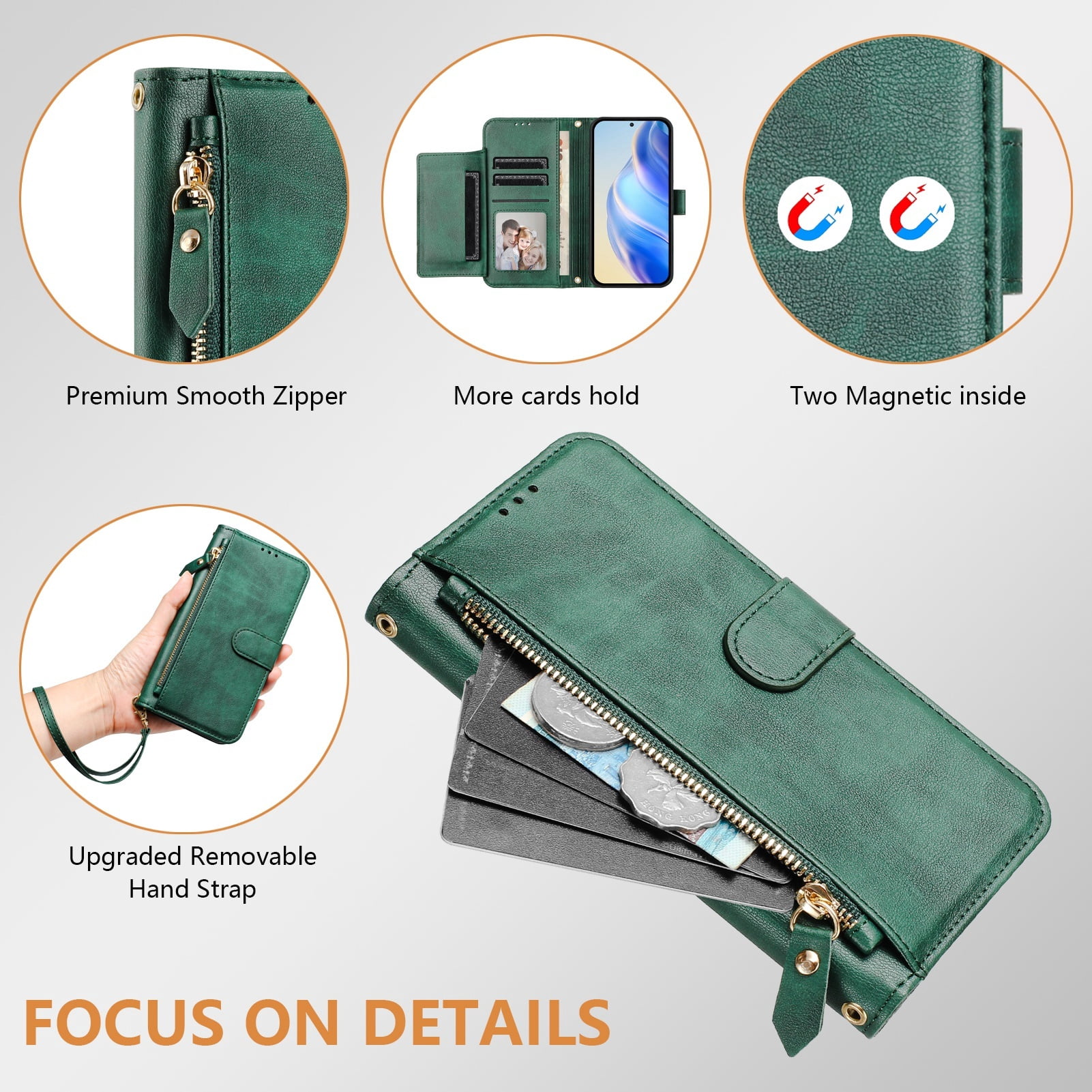 Filp Case for TCL 50 5G Zipper Pocket Magnetic Flip Wallet Phone Case with 7 Card Slots and Wrist Strap