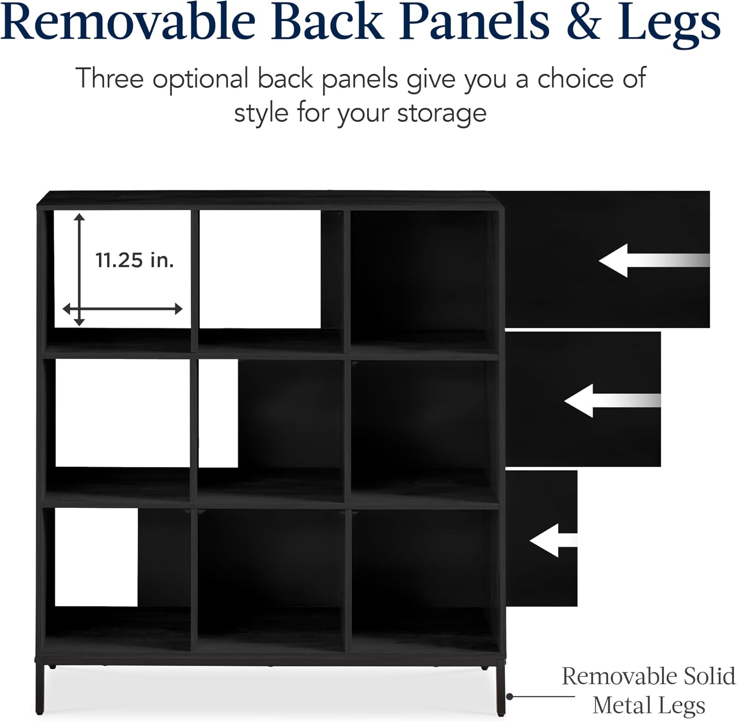 9-Cube Bookshelf, 3-Tier Wood Storage Bookcase W/Legs, 11in Shelf Opening, Cube Organizer, Living Room, Office, Nursery – Black