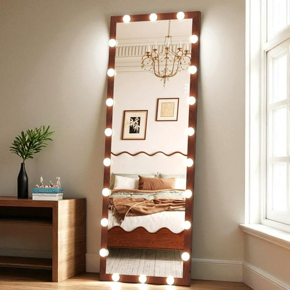 GZXS Full Length Mirror with Lights – 62.6" x 23.3" LED Lighted Vanity Mirror with 3 Color Modes, Wall Mounted or Lean Against Wall, Walnut Aluminum Frame