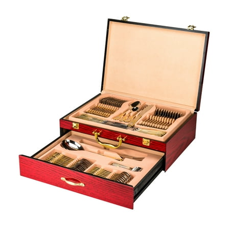 C-8/9 Box - Venezia Collection Flatware Chest holds up to 75 Pieces of Silverware Forks Knives Spoons, Deluxe 2-Drawer Storage Box Case w/High Gloss Finish, Gold-plated Handle & Latches