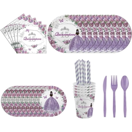 194pcs Quinceanera Decorations 15th Birthday Decorations Party Plates, Cup, Napkin, Tablecloth, Tableware, Purple Disposable Quinceanera Birthday Party Supplies Plates Serve 24 Guests
