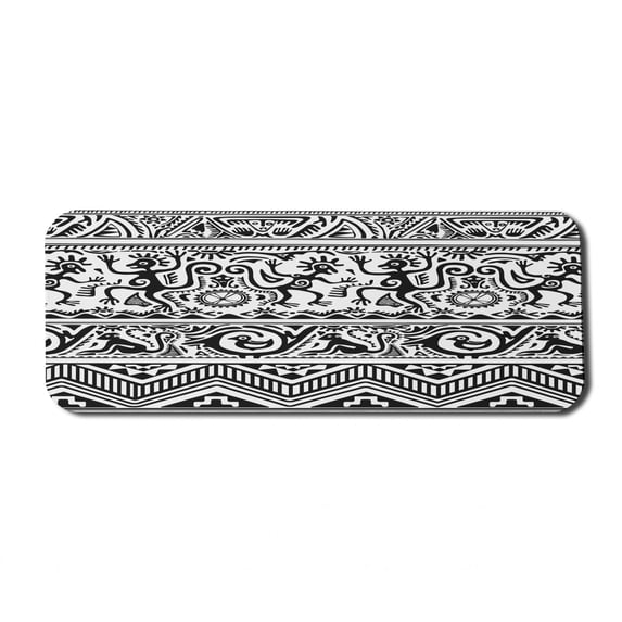 Ethnic Computer Mouse Pad, Monkeys Birds Simplistic Animal Motifs Ornaments Petroglyph Theme, Rectangle Non-Slip Rubber Mousepad Large, 31" x 12" Gaming Size, Black White, by Ambesonne