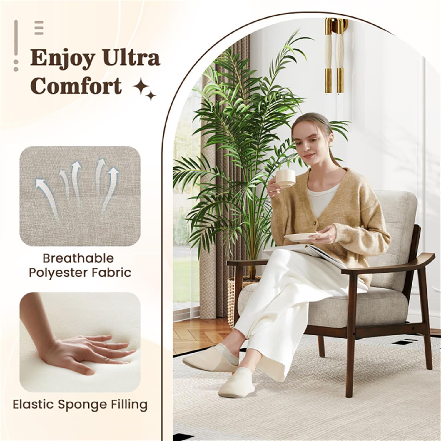 Demi Bonn Modern Accent Chair, Elegant Armchair with Rubber Wood Armrests and Legs, Suitable for Living Room Bedroom Reception Room Office, Brown