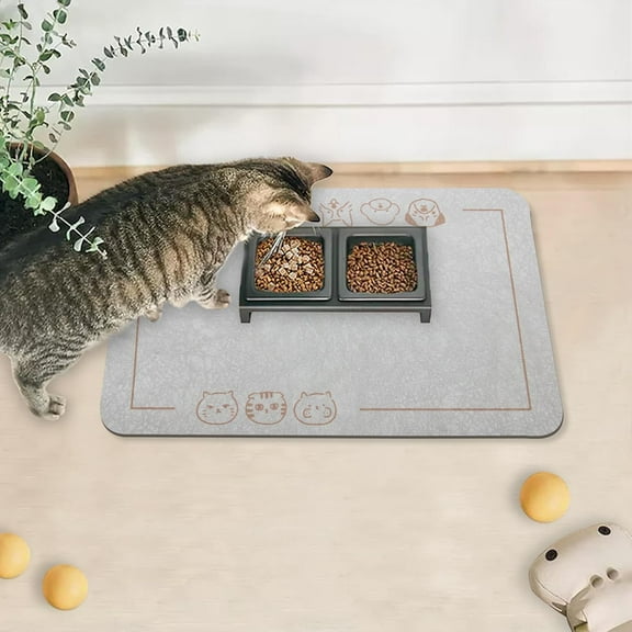 Cat Food Mat for Pet Dog Food Mat, Cat Mat for Food and Water, Cat Feeding Mat Pet Dog Cat Bowl Mat, Non-Slip Super Absorbent, with Multiple cat Heads Logo,18.1 x 11.8 inches, Dark Grey