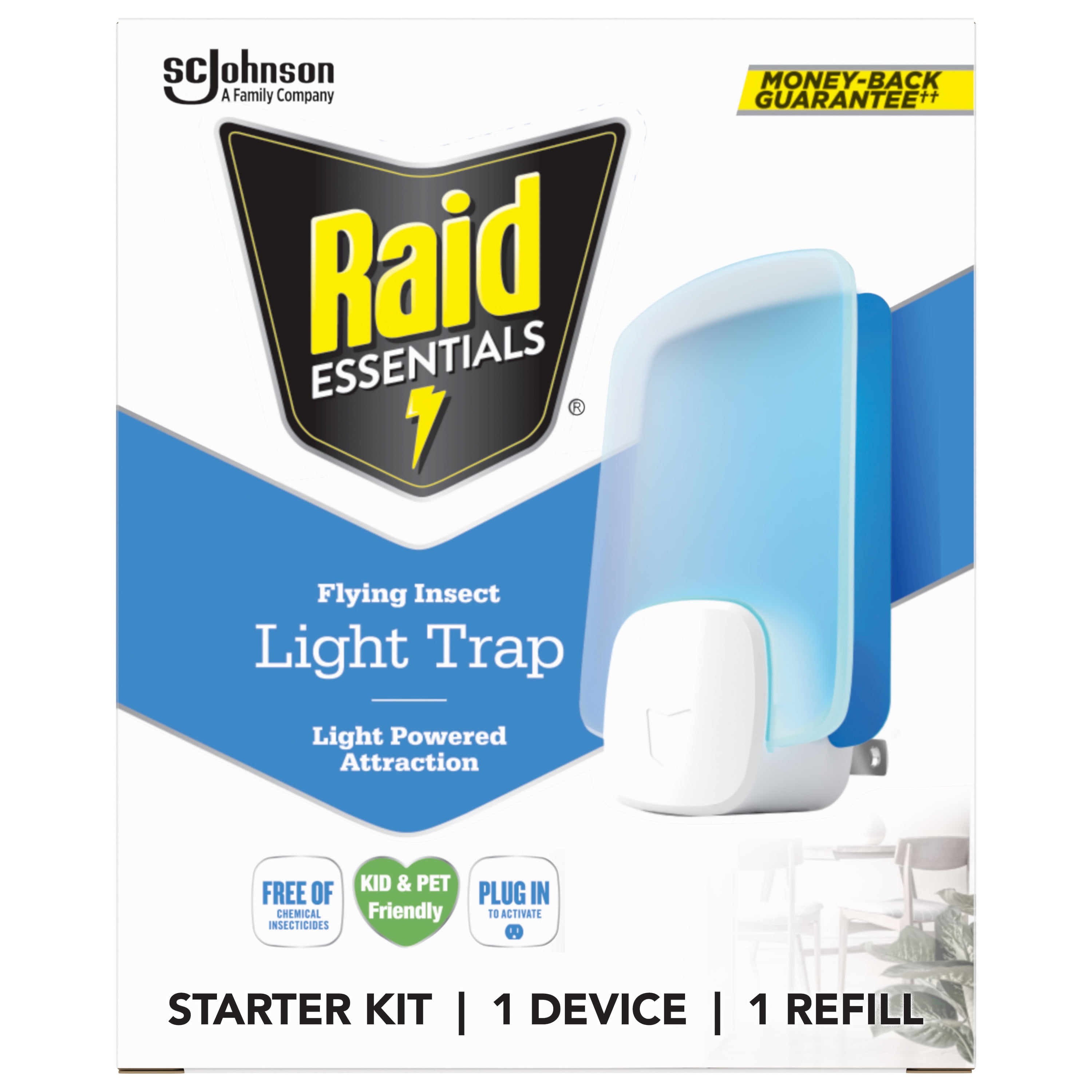 Raid Essentials Flying Insect Light Trap Starter Kit, I Device + 1 Refill,  Featuring Light Powered Attraction