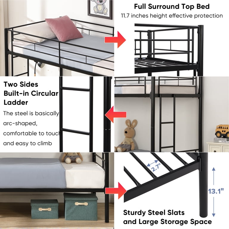 Twin Over Twin Metal Bunk Bed With Ladder - Low Profile, High Safety Rails, Black - No Box Spring Needed