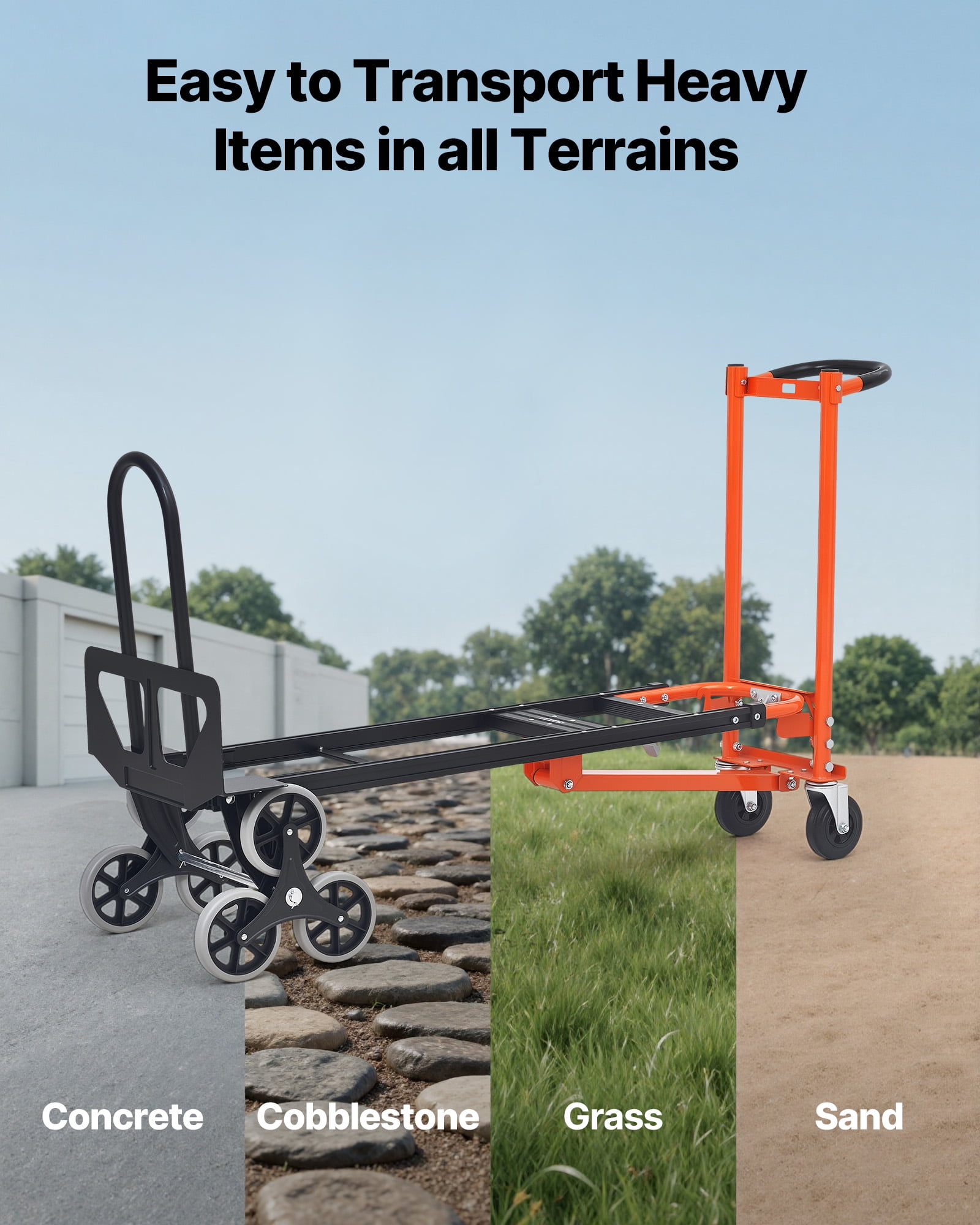 VEVOR 3 in 1 Industrial Convertible Stair Climbing Cart, 770 lbs Max Load, Folding Hand Truck Dolly with Handle & Wheels, Stair Climbing Utility Trolley for Transport & Moving, Orange & Silver