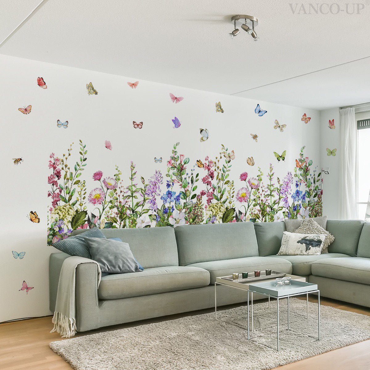 Large Plant Grass Wall Corner Stickers Flower wall stickers Flowers with Butterflies Base Board Skirting Line Wall Decals for Bedroom Living Room Staircase Kitchen