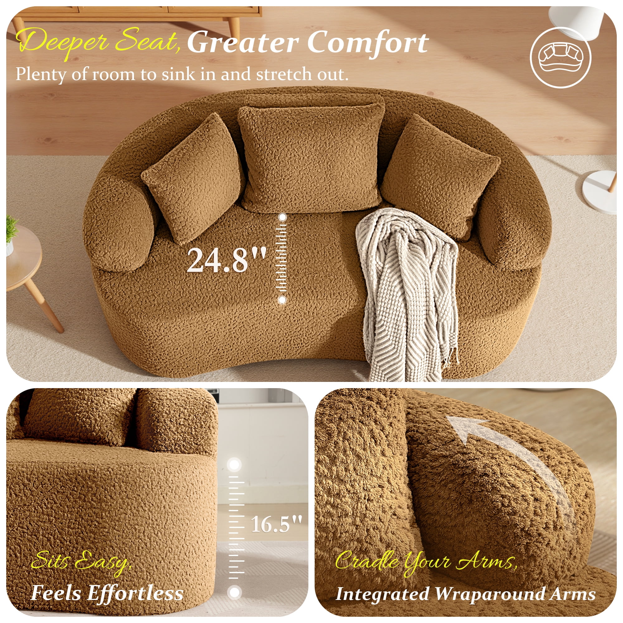 COOLHUT 65" 3 Seater Sofa Couch, Plush Floor Sofa Couch with Cozy Cushions & 3 Pillows, Curved Back Teddy Fabric Sofa for Living Room, Small Space, Brown (Sofa-in-a-Box)