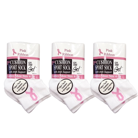 On the Go Women's Pink Ribbon Ankle Socks (3 Pair Pack)