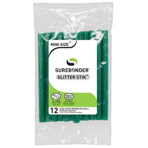 Green Glitter Hot Glue Sticks Mini Size - 4" - 12 Pack