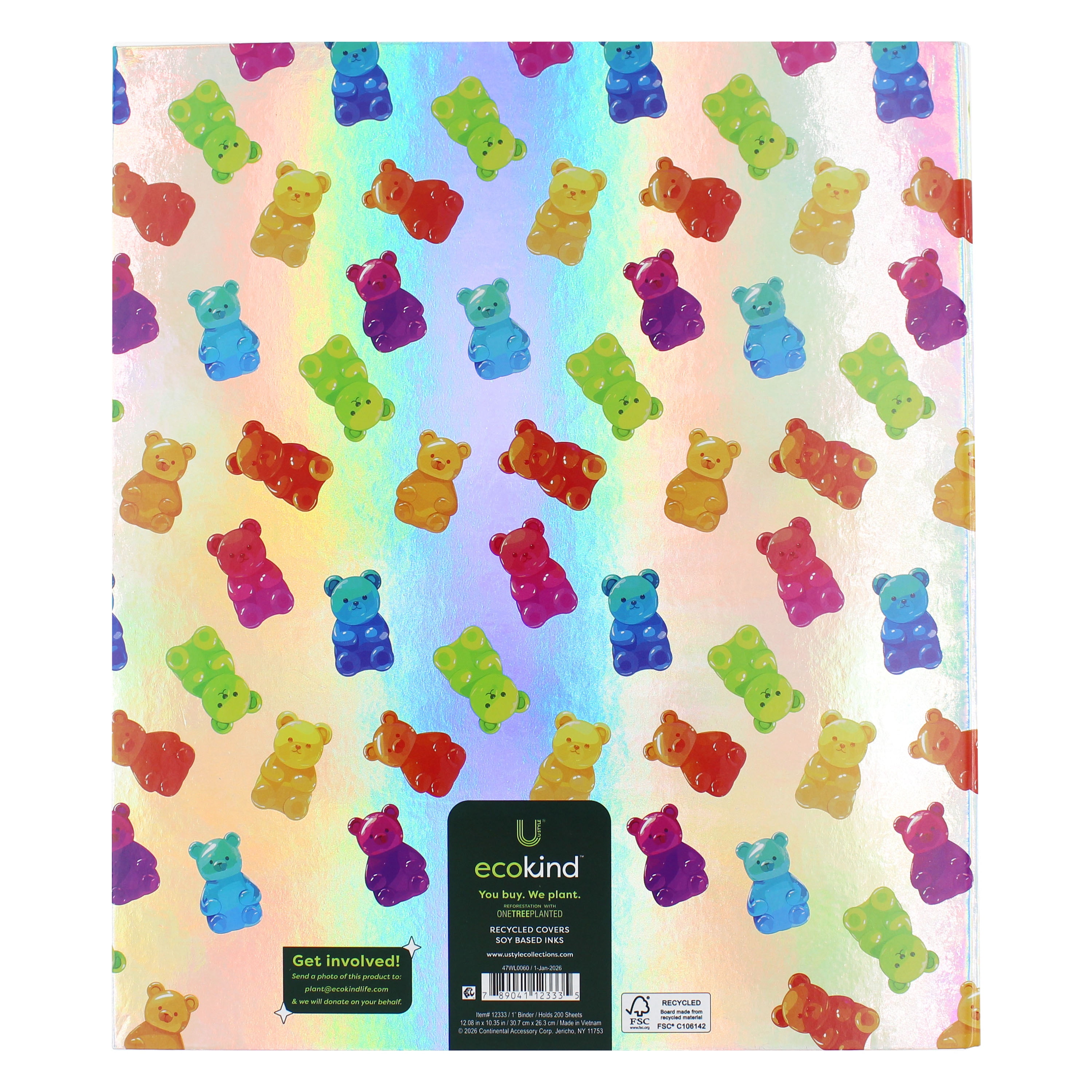 Ecokind Gummy Bear 1-Inch 3 Ring Paper Binder, 12.08in x 10.35in, Holds 200 Sheets
