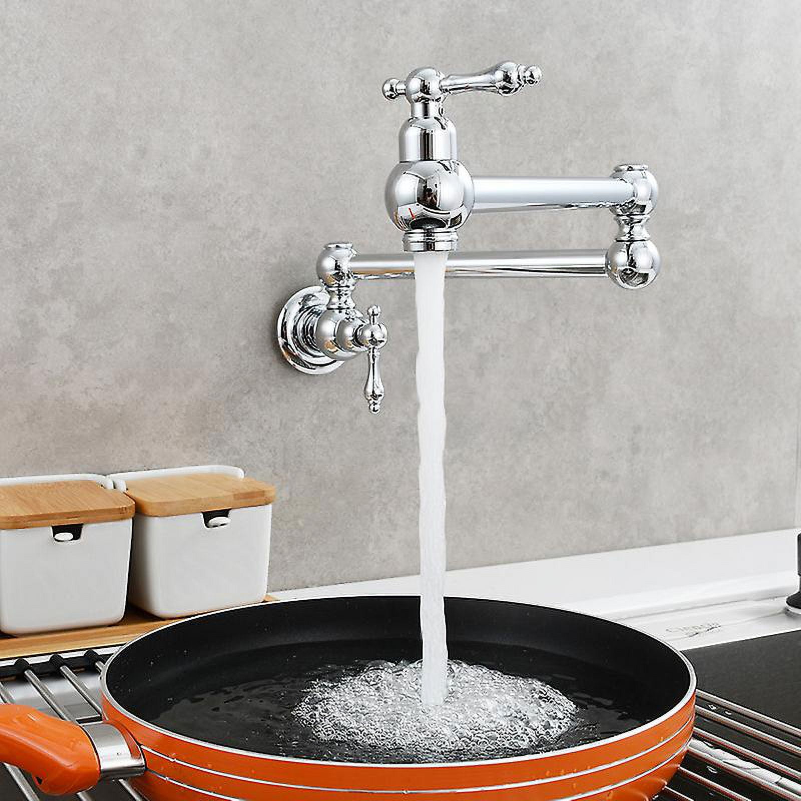 Llenador de ollas Montaje en pared Grifo de cobre Grifo de llenado de ollas Grifo giratorio Laton Grifo de cocina 2 manijas Estirable Doble articulacion Brazo oscilante Grifo plegable Cromo Bodega