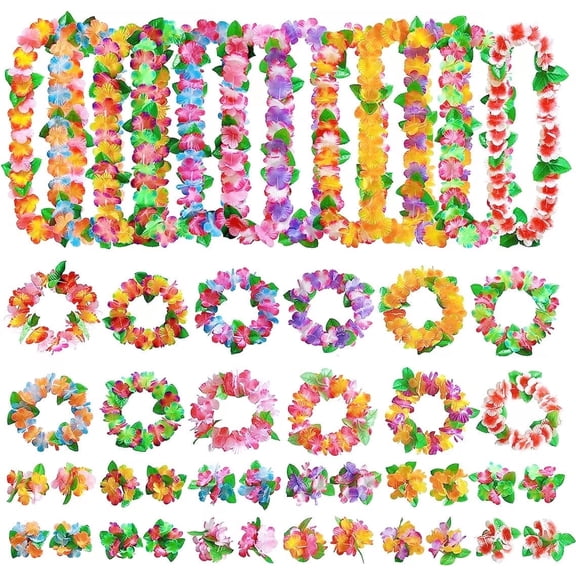 48PCS Hawaiian Leis Set, Tropical Flowers Necklaces Headbands and Wristbands for Beach Hawaii Luau Party Favors Decoration Birthday Party Supplies