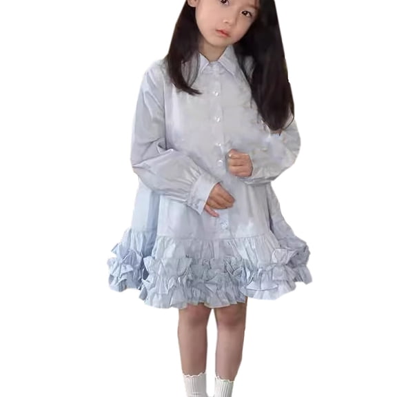 Ashirexll Little Girl Dresses, Girls Summer Dress, Summer Long Sleeve Shirt Dress Turndown Collar Casual Dress for Children
