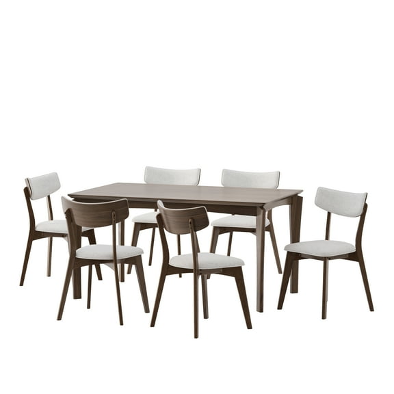 GDF Studio Carnelian Wood and Fabric 7 Piece Dining Set, Walnut, Light Beige