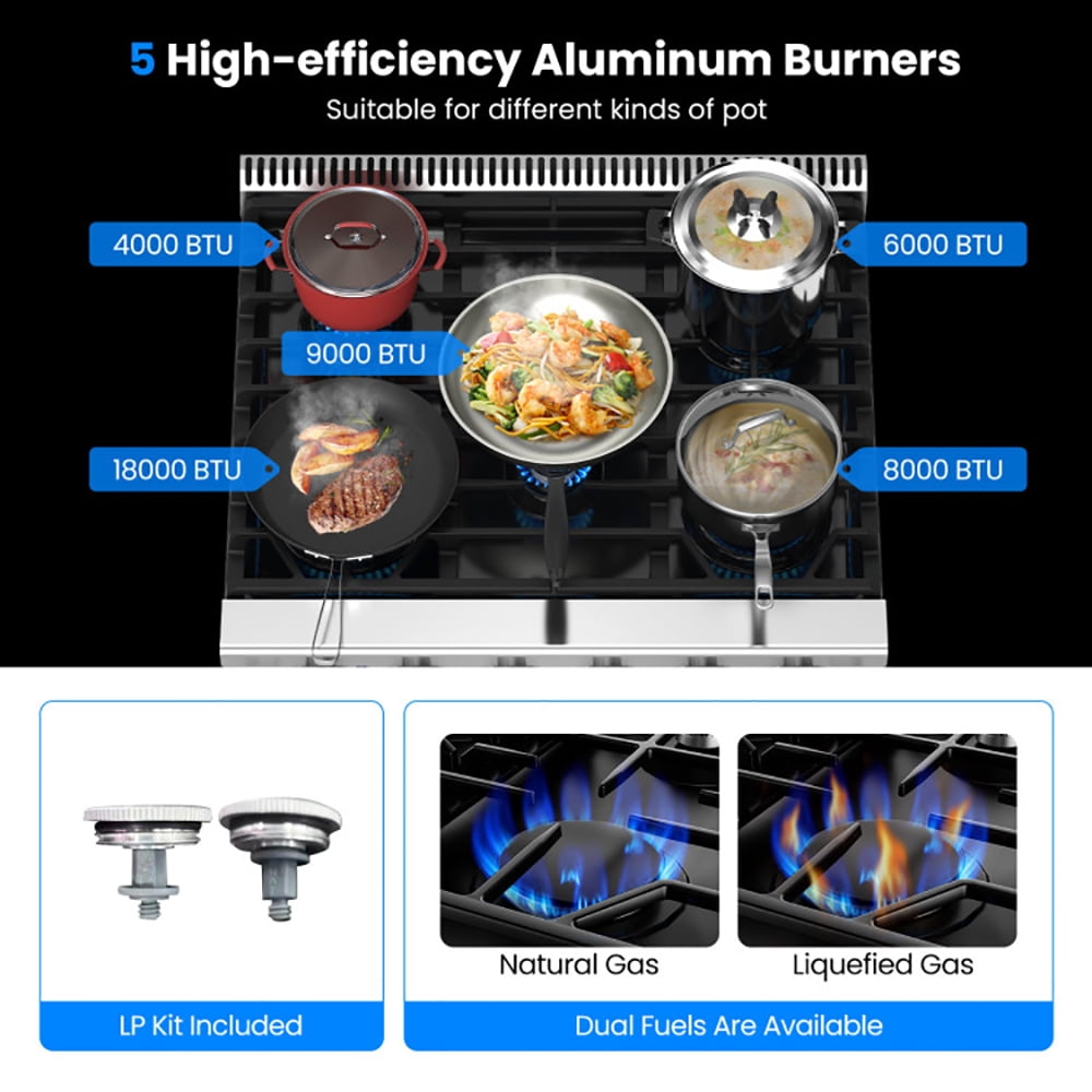 Resenkos 30 Inches 120V Natural Gas Range with 5 Burners Cooktop, Convertible Gas Burner for Kitchen, Stainless Steel