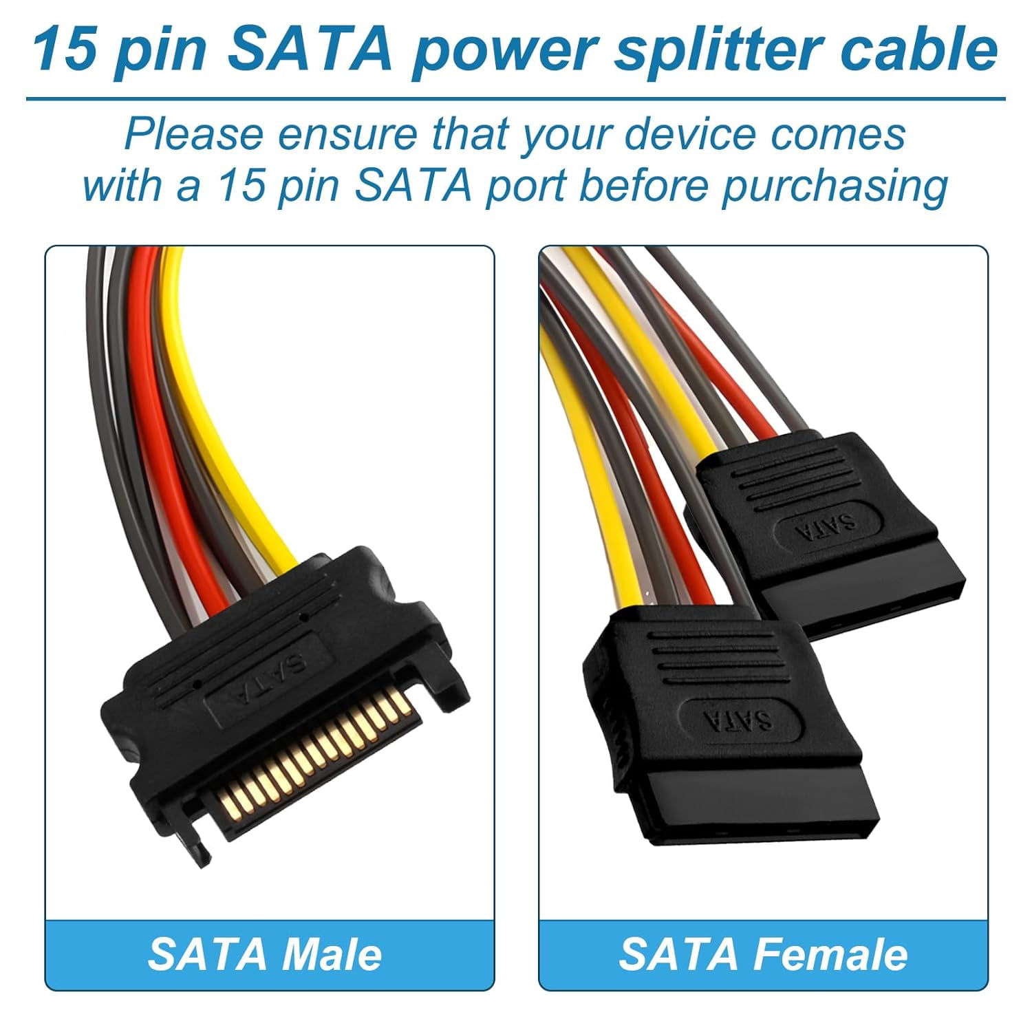 2Pcs SATA Power Splitter 15 Pin SATA Male To 2 SATA Female Power Splitter SATA Power Cable Connector SATA Power Splitter Y Cable Hard Drive Power Splitter For Hard Drive HDD SSD - 20cm