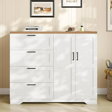Multifunctional Wooden Dresser for Bedroom, 43.3'' H 2 Door Wardrobe Armoire Closet with 4 Drawers and Hanging Rod, Low Storage Cabinet for Hanging Cloth
