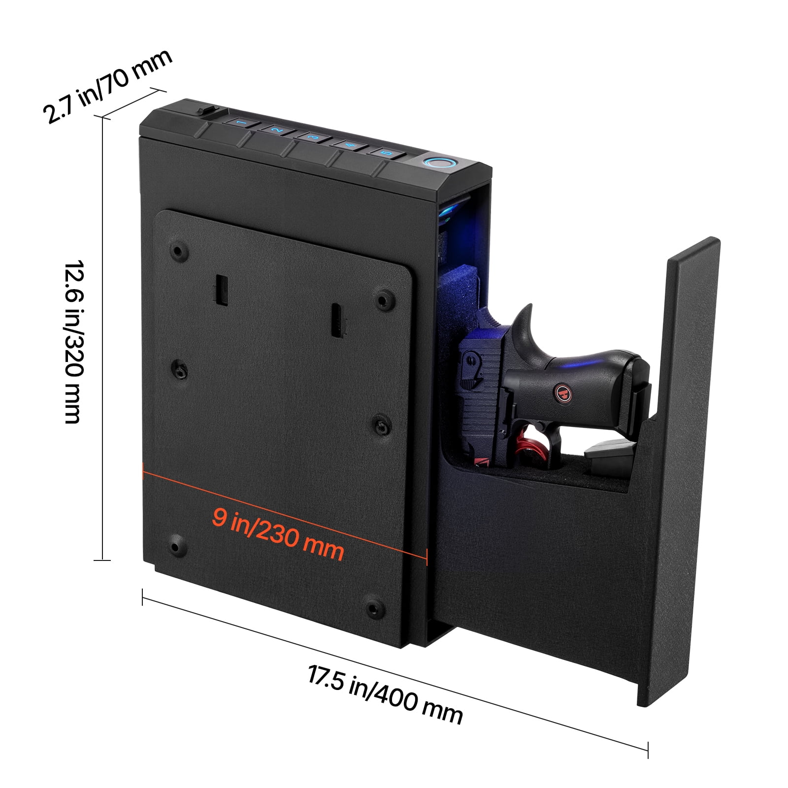 KFFKFF Handgun Safe with Fingerprint, Password, and Key Access, Quick-Access Firearm Storage Box with Interior Lighting for One Pistol and Magazine, Secure Mountable Case for Nightstand, Desk