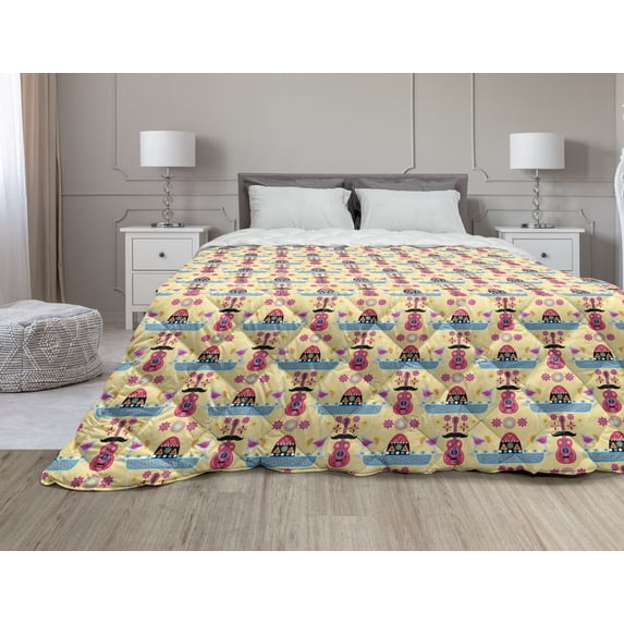 Cinco de Mayo Down Alternative Comforter, Pattern of Peppers Man Head with Mustache and Sombrero Hat, Microfiber Quilt for All Season, 5 Sizes, Vermilion Multicolor, by Ambesonne