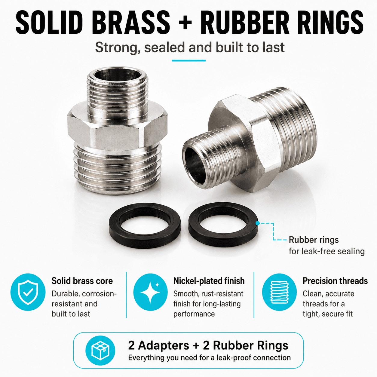 1/2 to 3/8 Reducer Faucet Adapter - Compression Brass Pipe Fitting, 3/8 Male to 1/2 Male Supply Line Adapter for RV Kitchen Plumbing, Water Hose Pipe Connector with Rubber Washer, (2 Pack)