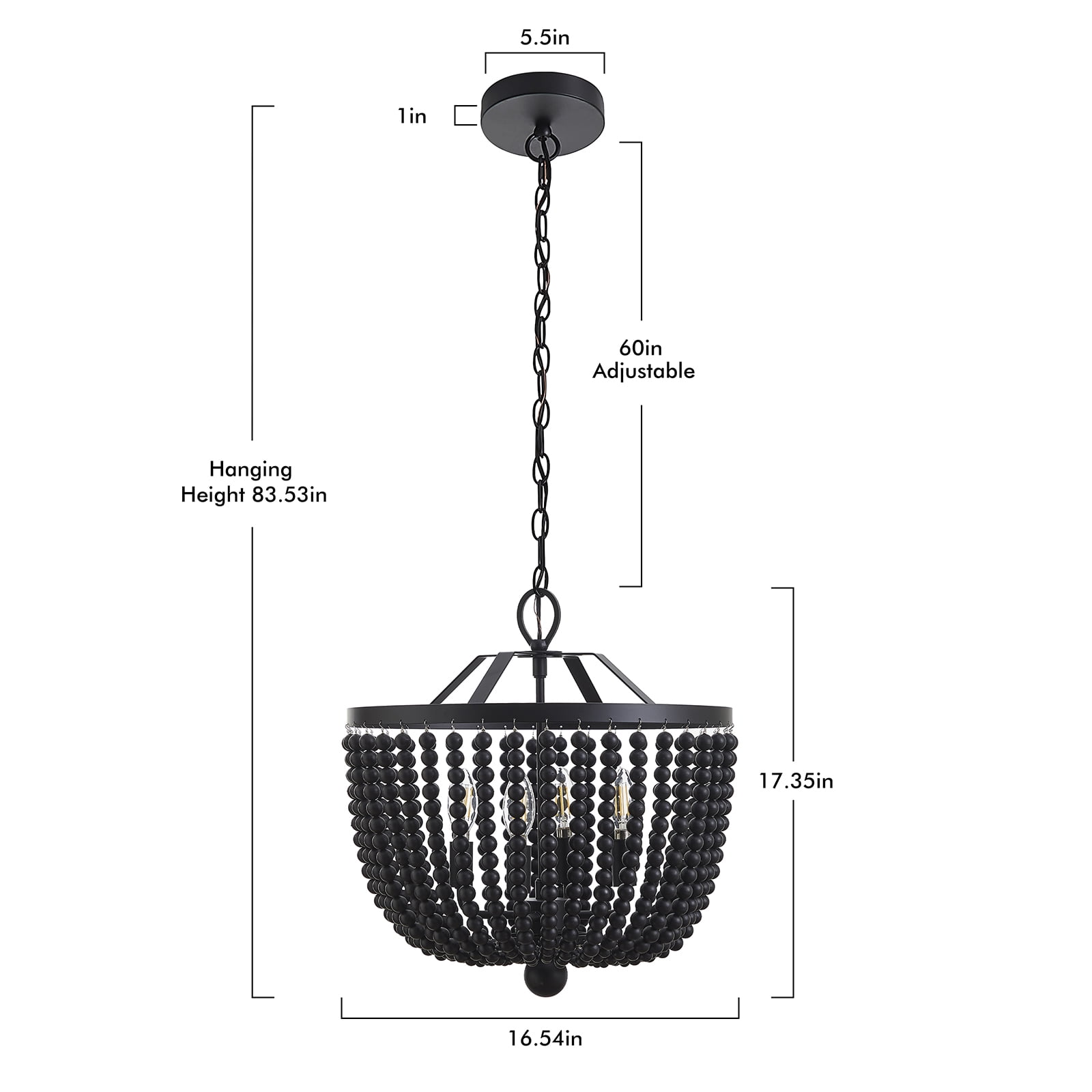 Vintage Metal Chandelier with Beaded Strings（Bulb Not Included）, 16.5inch Wide 4Light Ceiling Fixture for Dining Room & Bedroom, E27 Socket