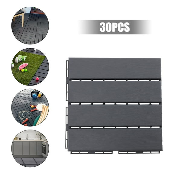 Square Plastic Interlocking Deck Tiles 30-Pack Patio Tiles 12"x 12" Dark Gray