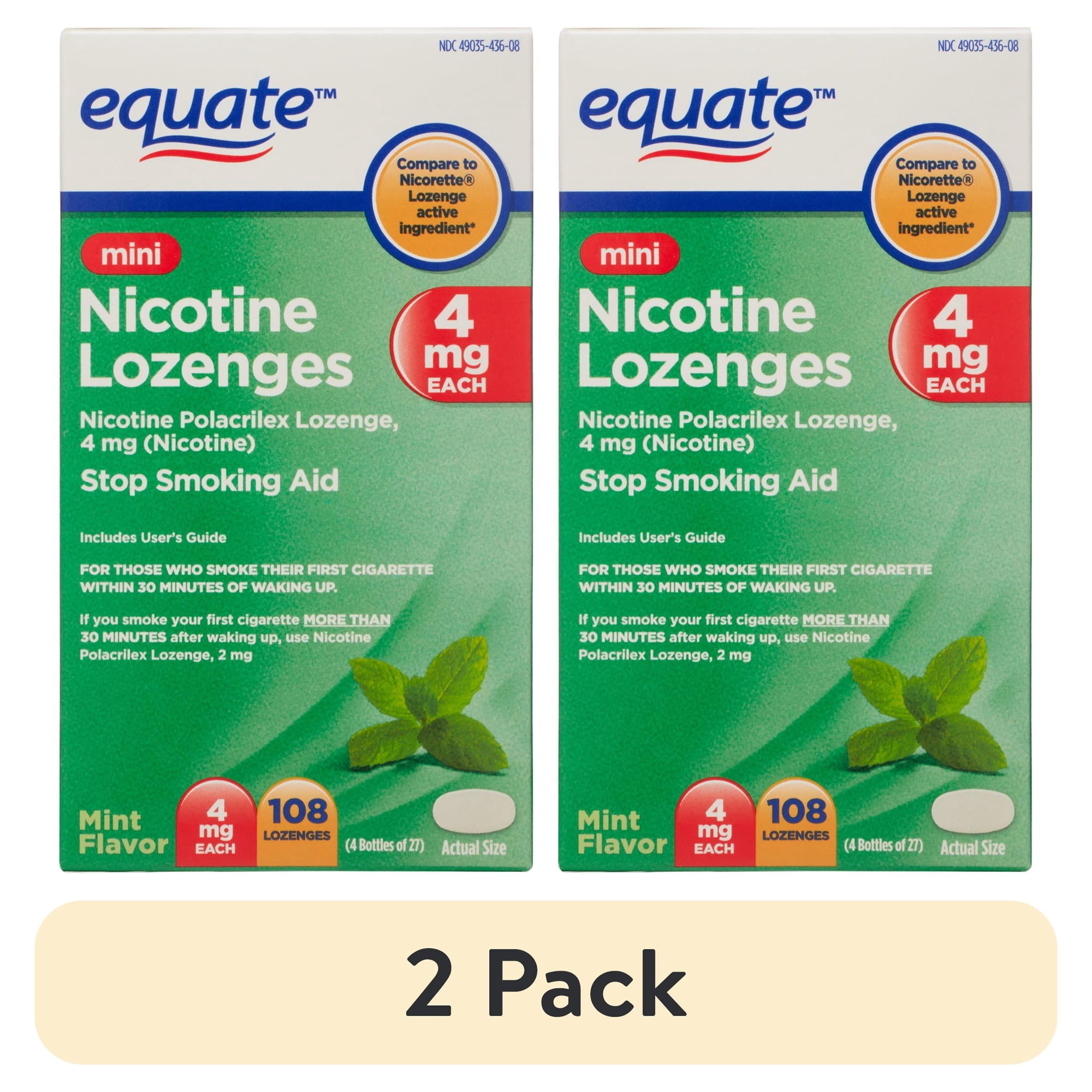 (2 pack) Equate Mini Nicotine Lozenges, 4 mg, Mint Flavor, 108 Count
