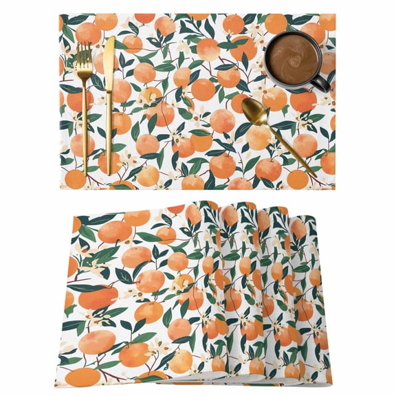 Orange Placemats Set of 6 Summer Botanical Leaves Watercolor Place Mats Indoor Wipeable Table Mats Washable Cloth Dining Table Placemats for Kitchen Holiday Party Home Decor 13x19 Inch