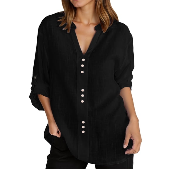 EDFBUYKRS Linen Button Down Shirts for Women Roll up Long Sleeve V Neck Blouse Tops with Pockets S