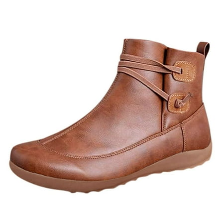 

TAIAOJING Women s Boots Vintage Leather Boots Flat Waterproof Winter Round Toe Ankle Boots Fashion Shoes